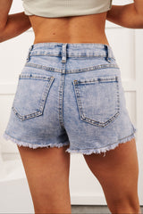 Hermione Frayed Hem High Rise Mini Shorts (Light Denim)