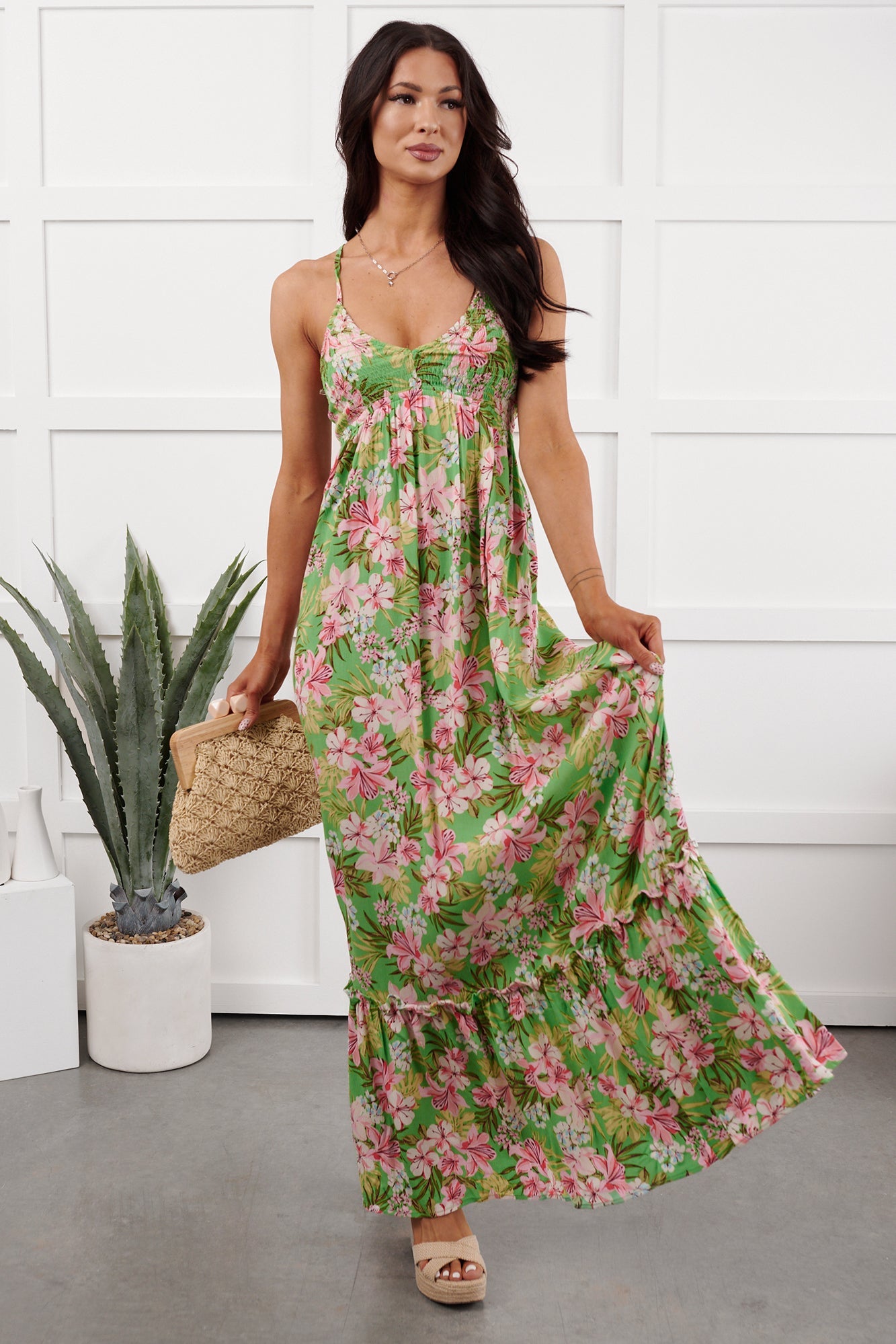 Kissed Soft Sleeveless Floral Maxi Dress (Green/Coral)