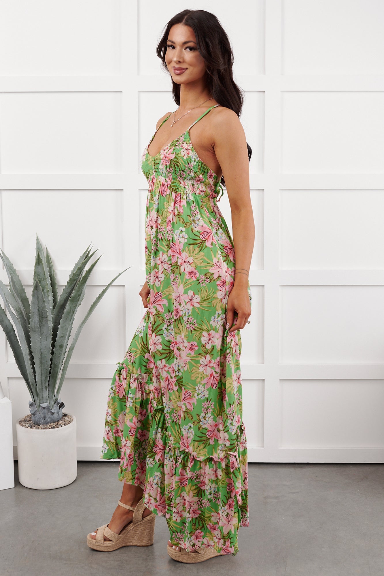Kissed Soft Sleeveless Floral Maxi Dress (Green/Coral)
