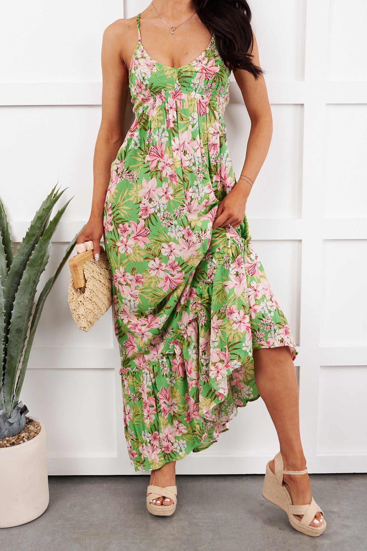 Kissed Soft Sleeveless Floral Maxi Dress (Green/Coral)