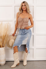 Lovely Choice Sleeveless Tiered Ruched Top (Taupe)