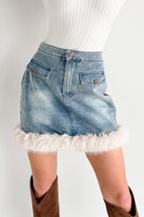 Charm Season Faux Fur Trim Mini Skirt (Denim Blue)