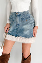 Charm Season Faux Fur Trim Mini Skirt (Denim Blue)