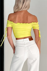Sly Glances Off The Shoulder Hook-Front Crop Top (Citrus Green)
