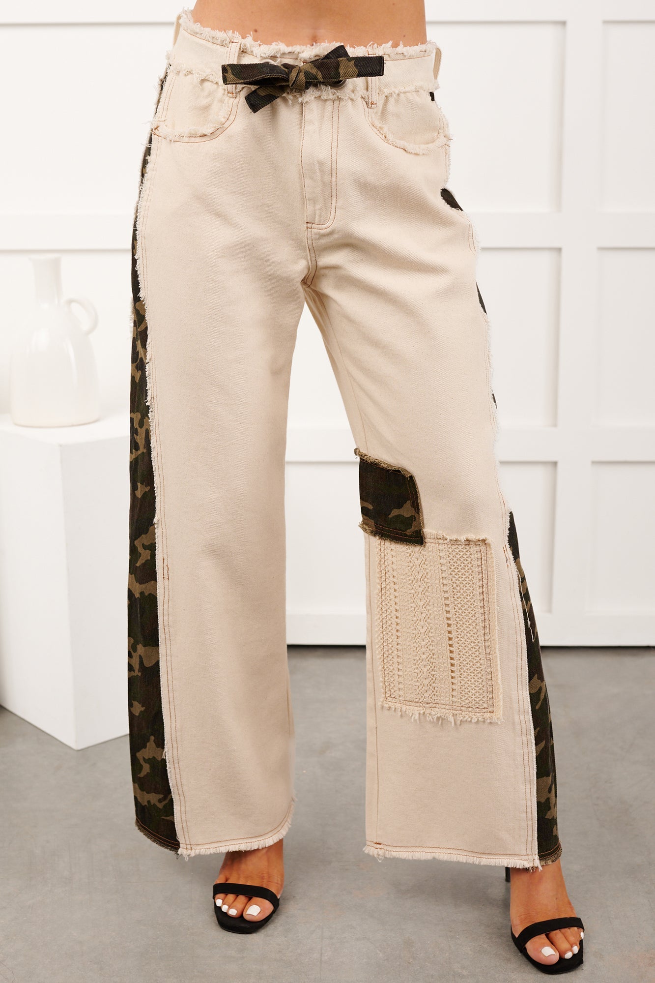 Rosales Wide Leg Camo Denim Pants (Ivory)
