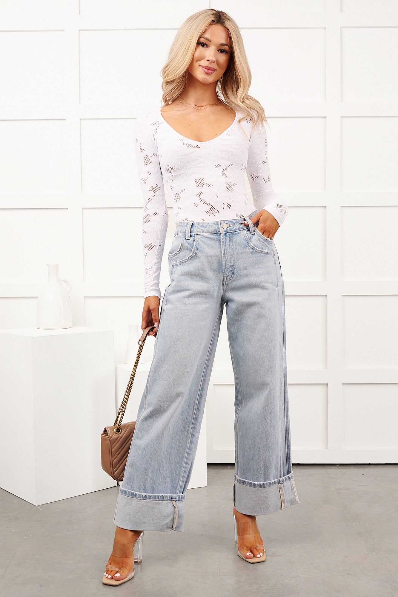 Go With It Long Sleeve Floral Textured Bodysuit (White)