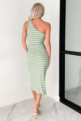 Ready To Roll One Shoulder Midi Dress (Sage/White)
