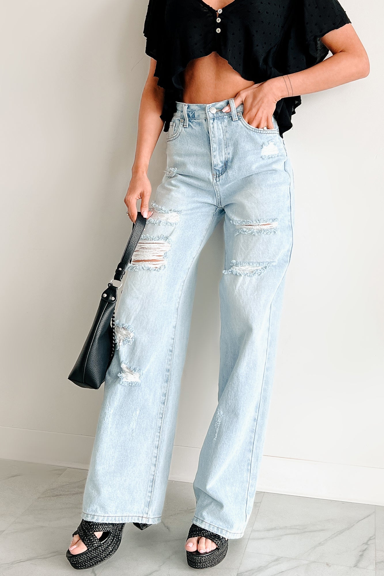 Callahan High Rise Distressed Wide Leg Jeans (Light Stone)