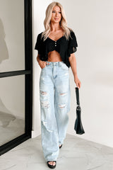 Homey Heart Ruffled V-Neck Crop Top (Black)