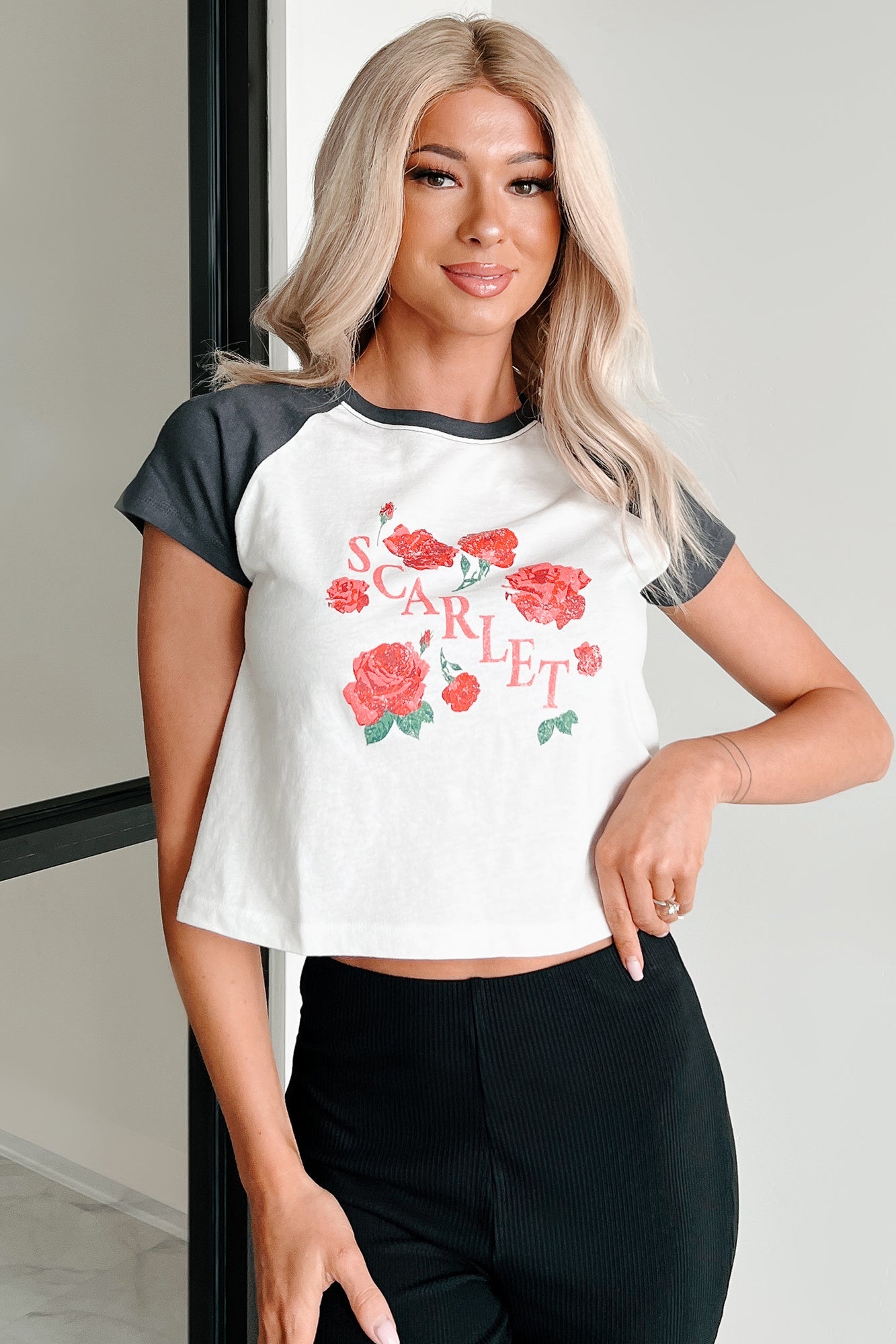 "Scarlet" Distressed Floral Graphic T-Shirt (Ivory/Charcoal)