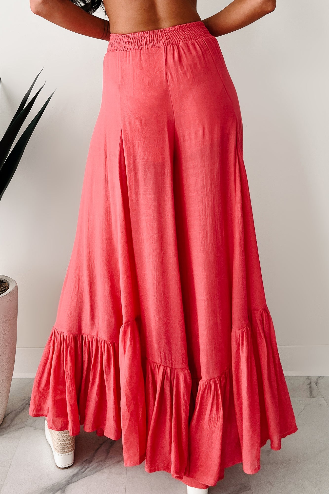 Flower Crown Vibes Sheer Ruffle Wide Leg Pants (Coral Red)