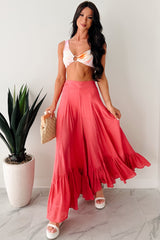 Flower Crown Vibes Sheer Ruffle Wide Leg Pants (Coral Red)