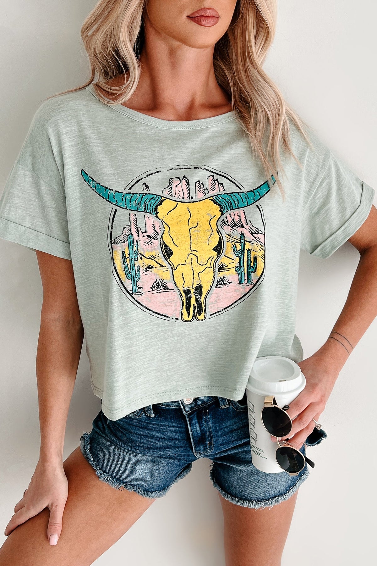 Back In The Saddle Boxy Bull Skull Graphic T-Shirt (Sage)