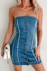 Fear Is A Stranger Button Front Strapless Mini Dress (Denim)