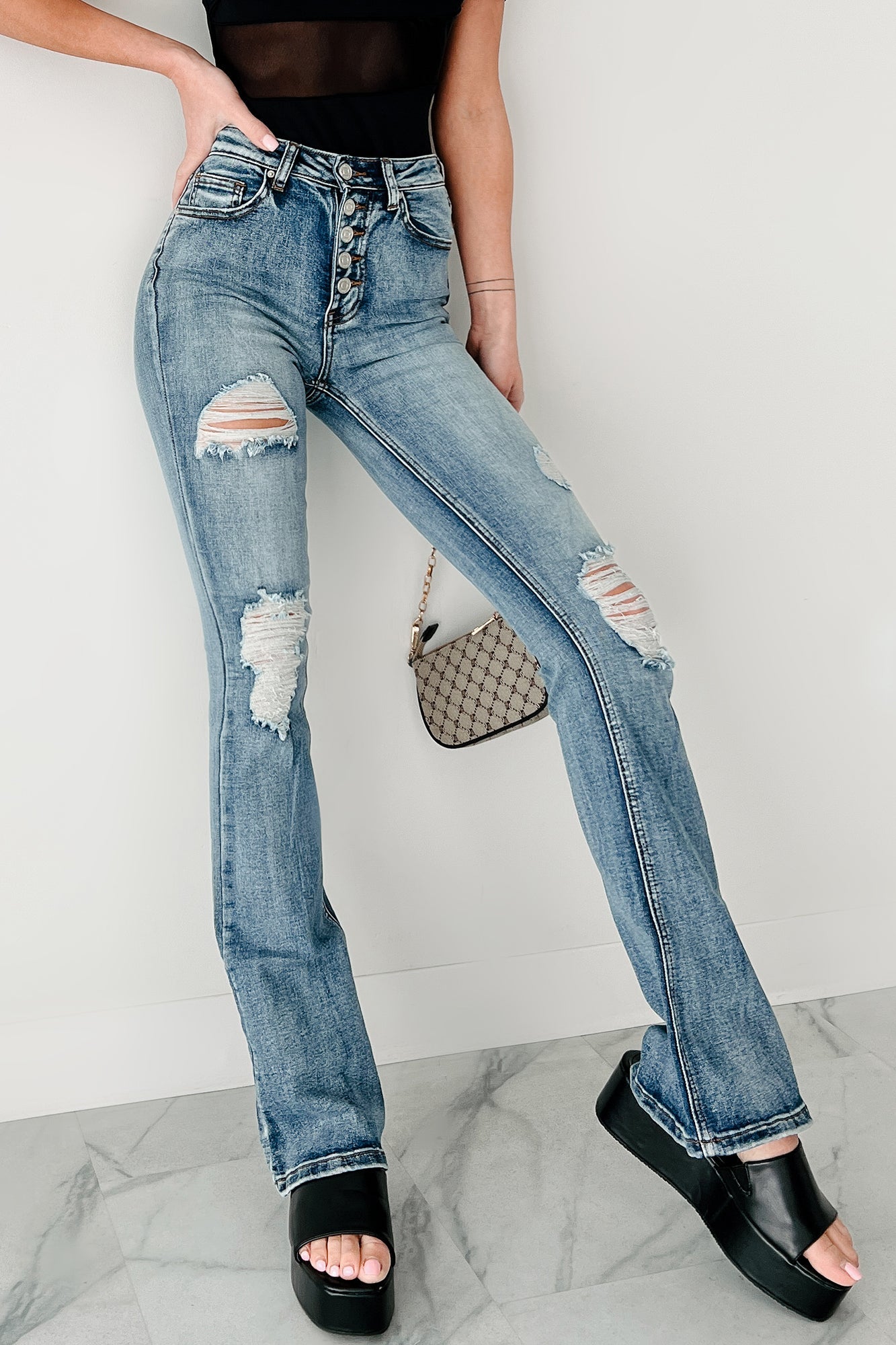 Aysha High Rise Distressed Indigo Reign Flare Jeans (Medium)