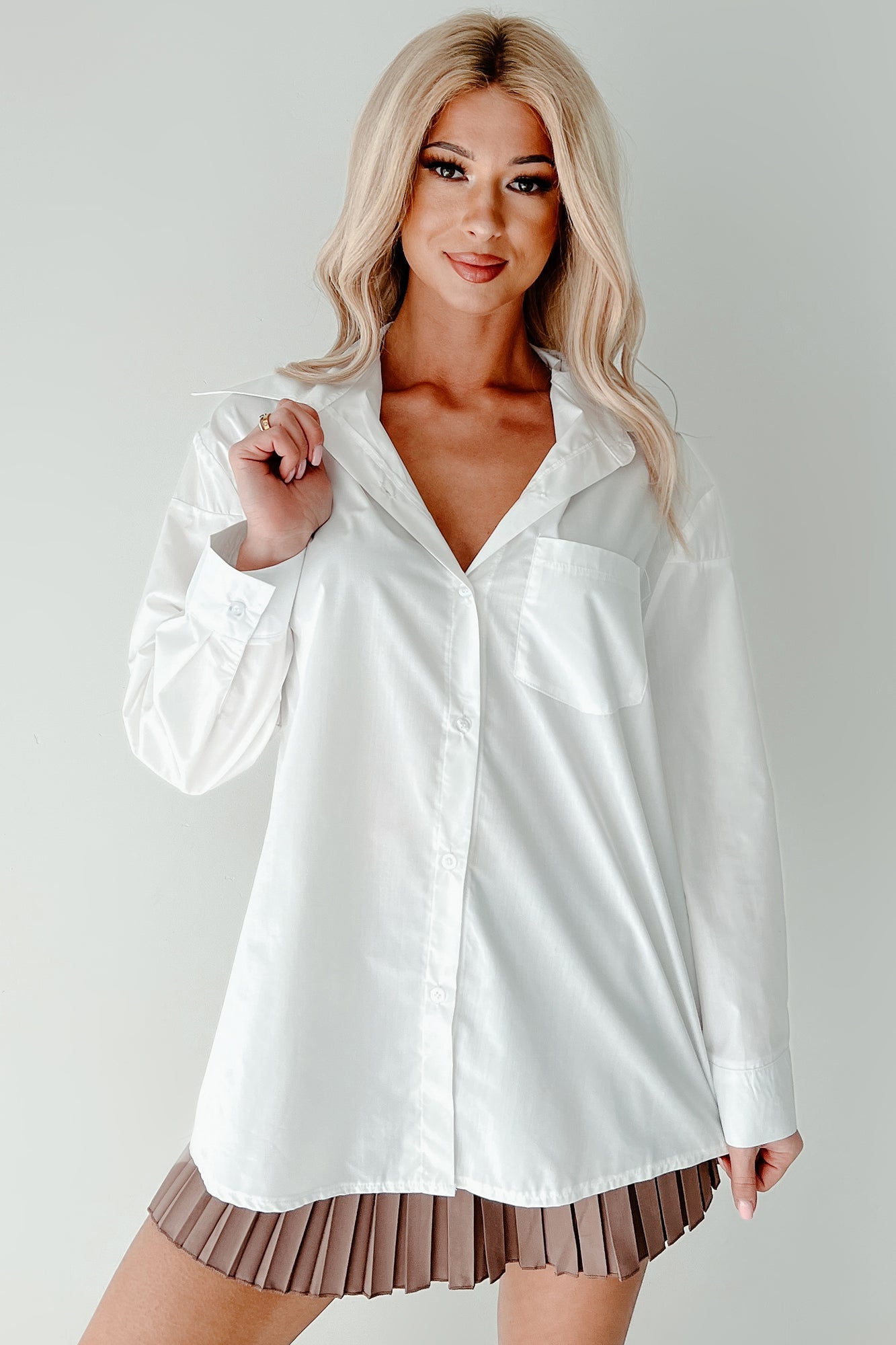 Deadline Hustle Long Sleeve Collared Top (White)