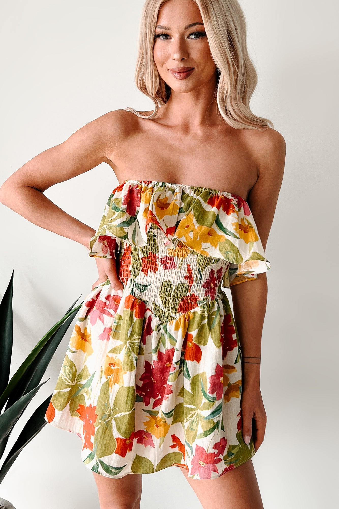 Soft Breezes Strapless Floral Romper Dress (Cream/Multi)