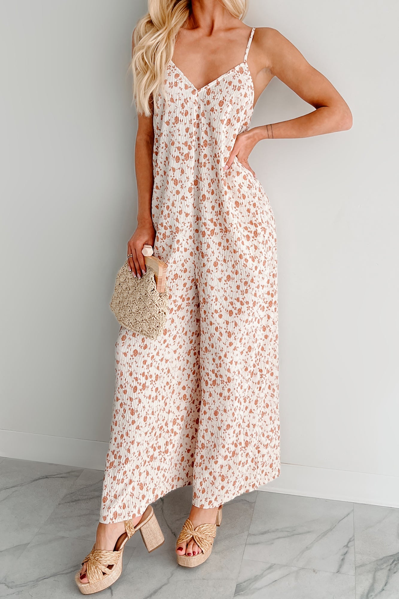 Homebody Heaven Pleated Wide Leg Jumpsuit (Cream Floral)