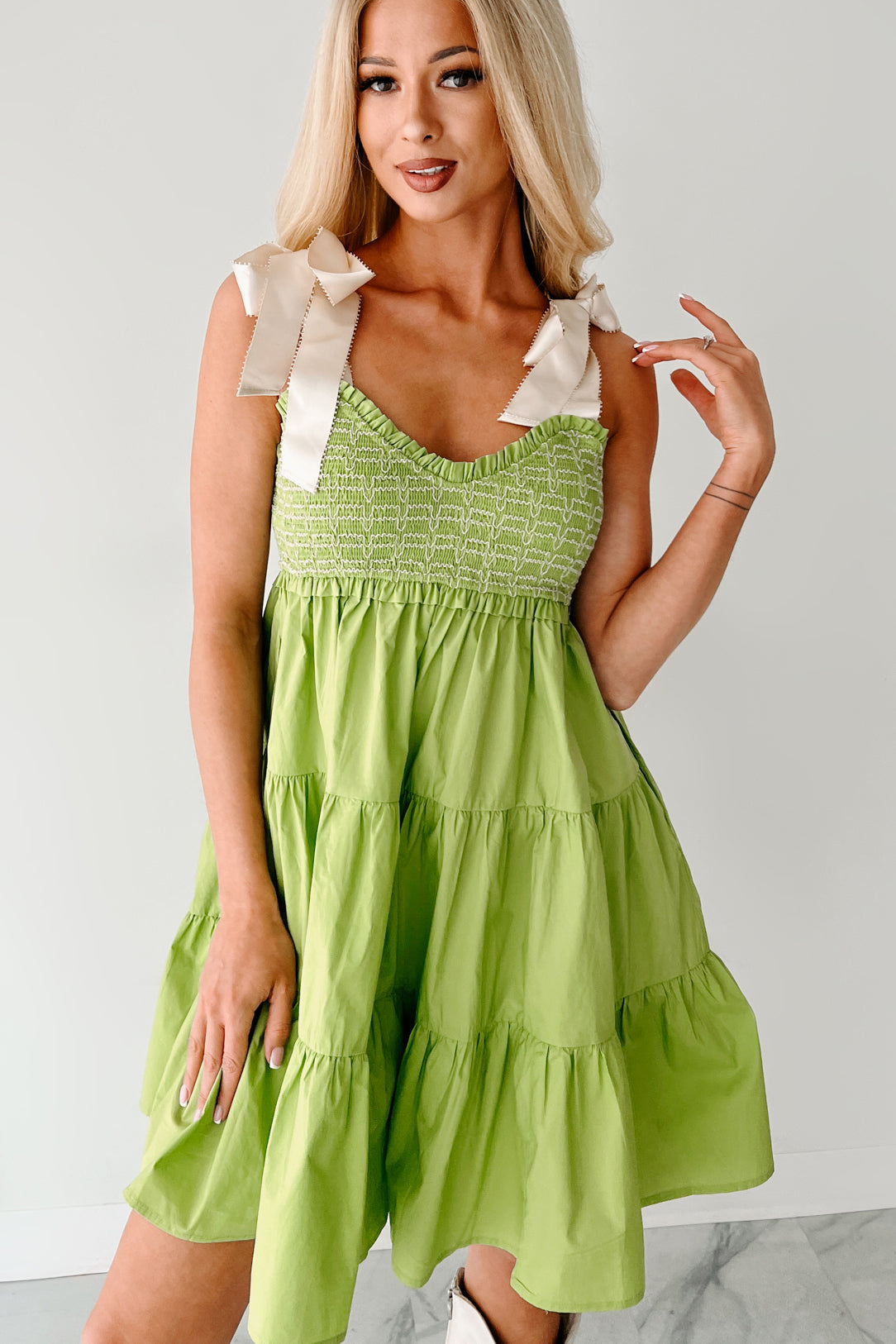 Is This Fate Tiered Ribbon Strap Mini Dress (Lime Green)