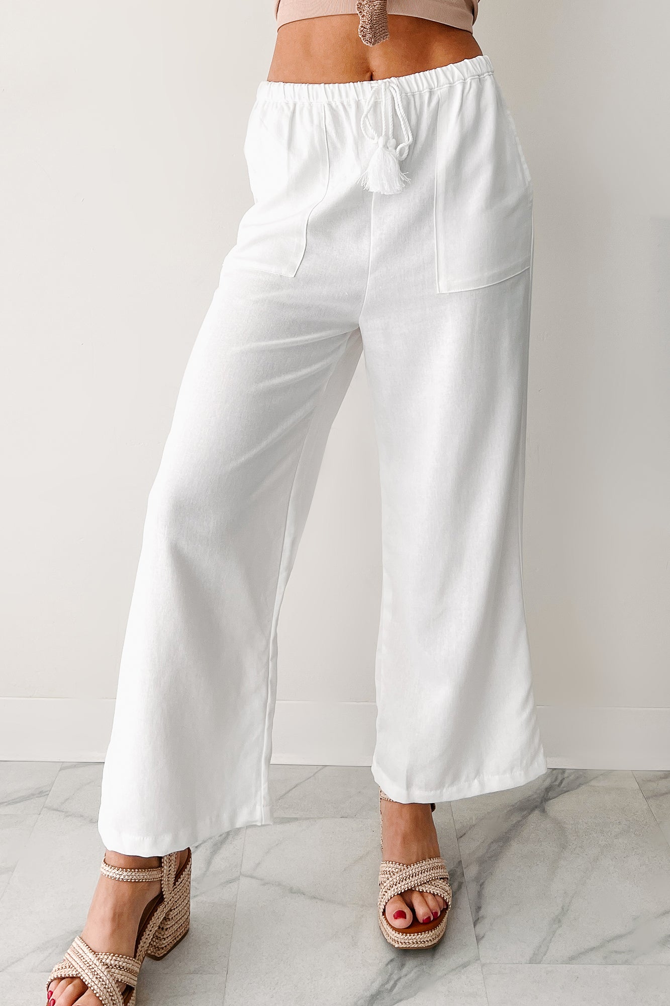 Morning Glow Linen Drawstring Pants (White)