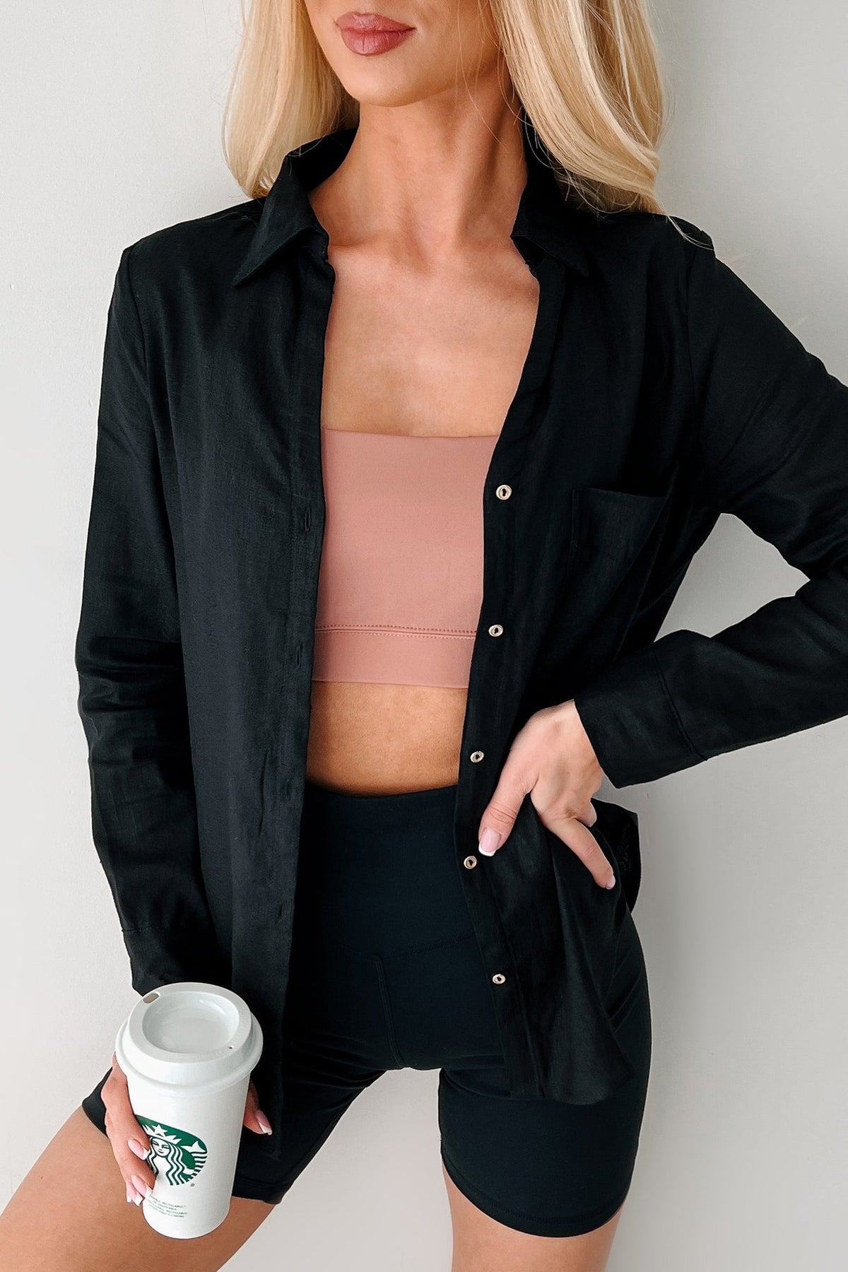 Timeless Appeal Linen Button-Up Top (Black)