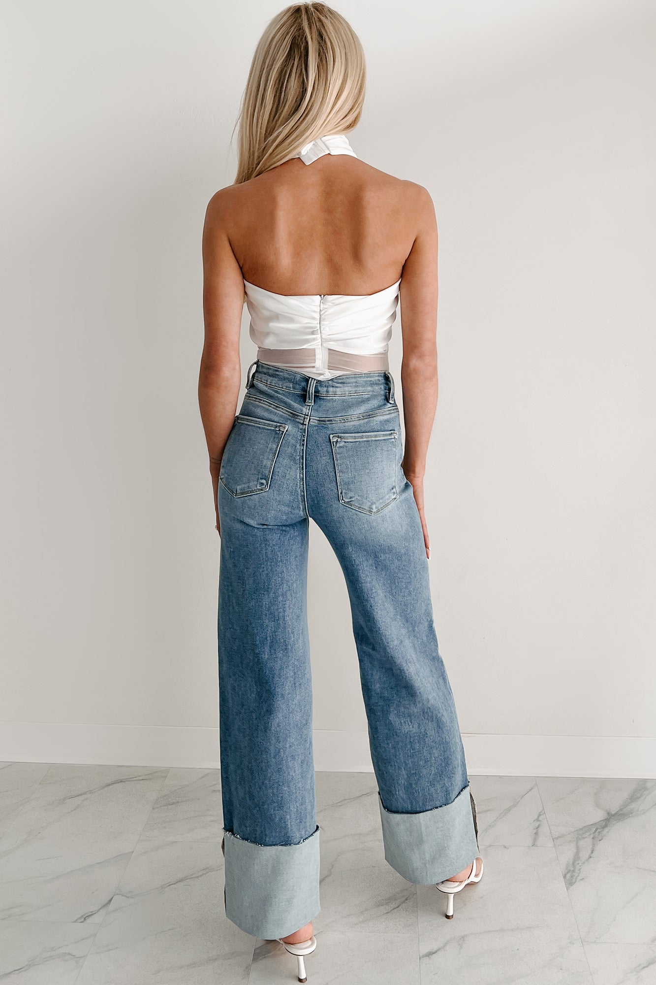 Sleek Simplicity Satin Mesh Halter Bodysuit (White)
