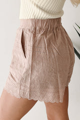 Fireside Vibes High Rise Woven Eyelet Shorts (Mocha)