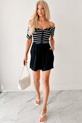 Lovely & Kind Off The Shoulder Striped Zip-Up Top (Black)