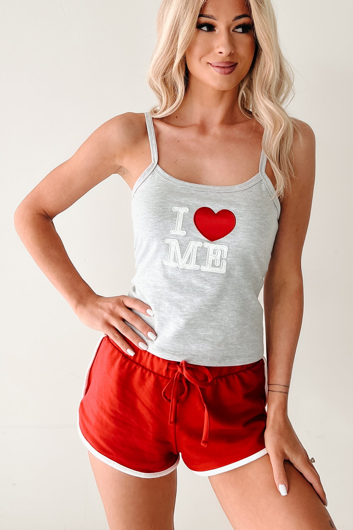 "I <3 ME" Tank Top & Shorts Set (Grey/Red)