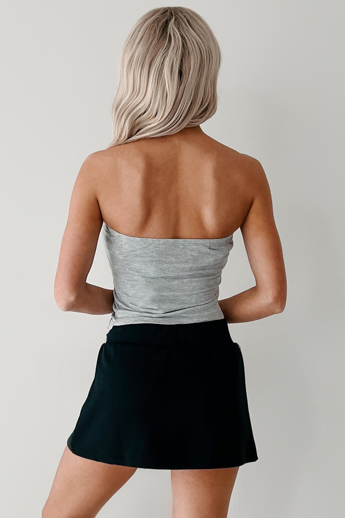 Count Me In Side Ruched Asymmetric Tube Top (Light Grey)