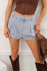 No One To Blame Pleated Denim Shorts (Washed Denim)