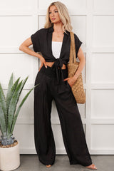 You're The Boss Tie Front Top And Smocked Pants Set (Black)