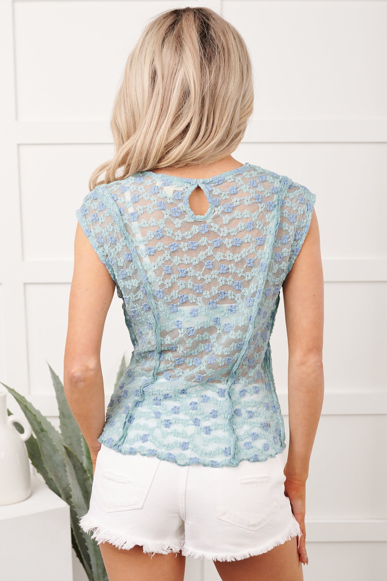 Moonlight Crush Sheer Floral Lace Top (Blue Multi)