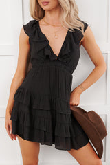 Buttercup Babe Deep V-Neck Ruffle Mini Dress (Black)