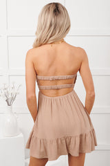 Sunshine Hour Twist Front Strapless Mini Dress (Light Brown)