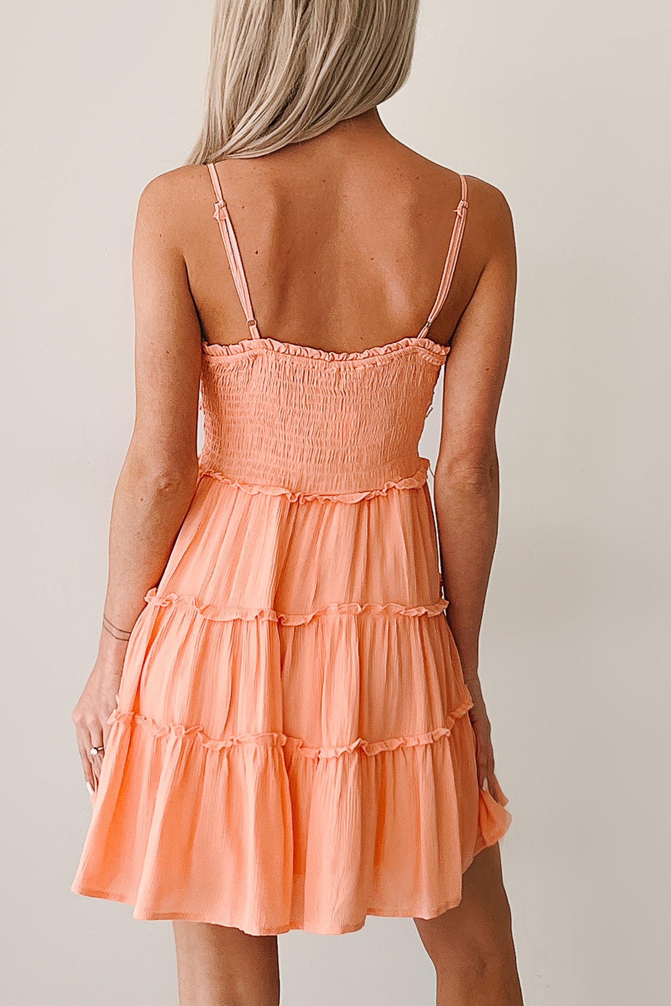 Chasing Stardust Tiered Mini Dress (Light Orange)