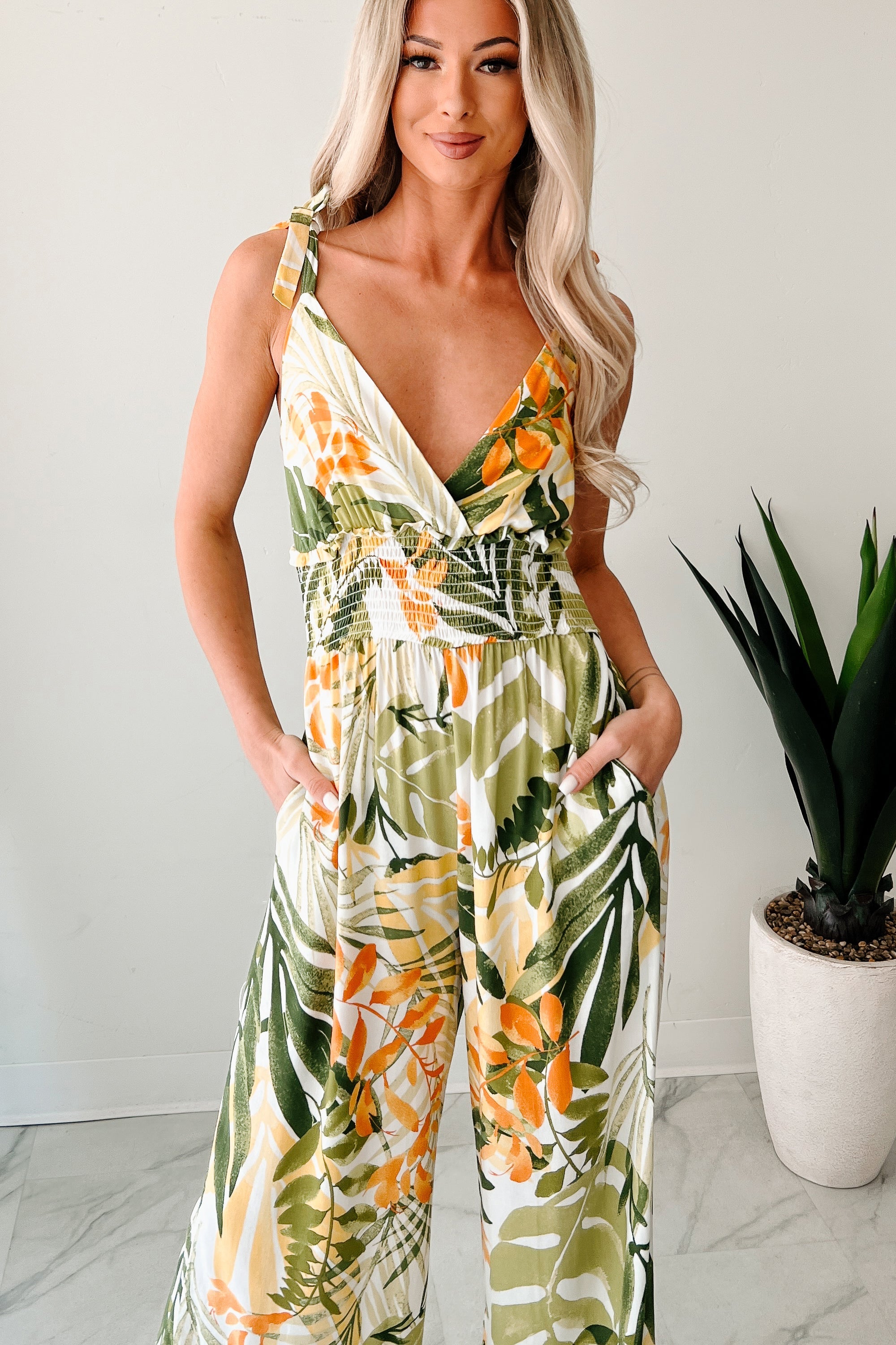 Flirt With Life Smocked Tropical Jumpsuit (Ivory/Green)