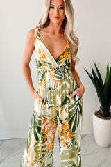 Flirt With Life Smocked Tropical Jumpsuit (Ivory/Green)
