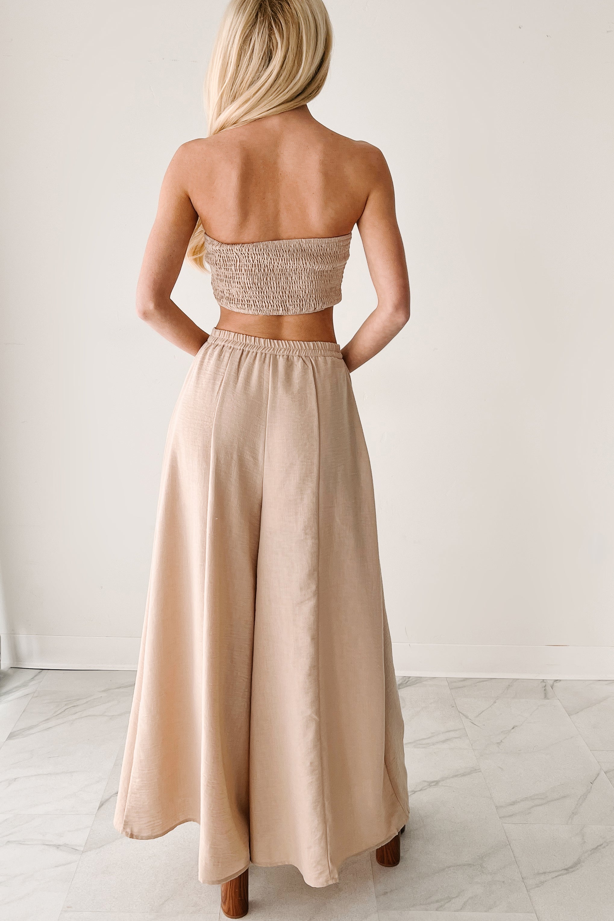 Heartthrob Moments Strapless Crop Top & Pant Set (Beige)
