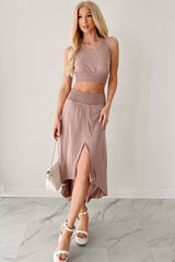 Soft Skies High Low Smocked Waist Skirt (Dark Taupe)