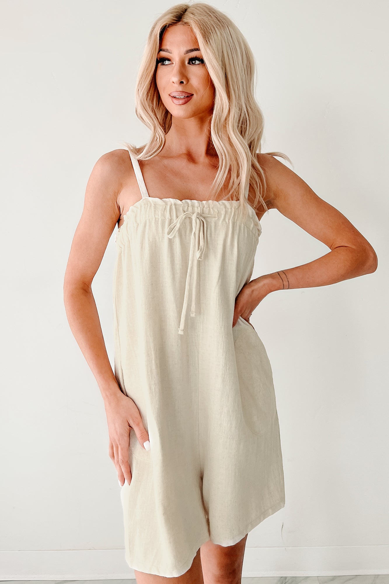 Chill & Chat Linen Drawstring Romper (Oat)