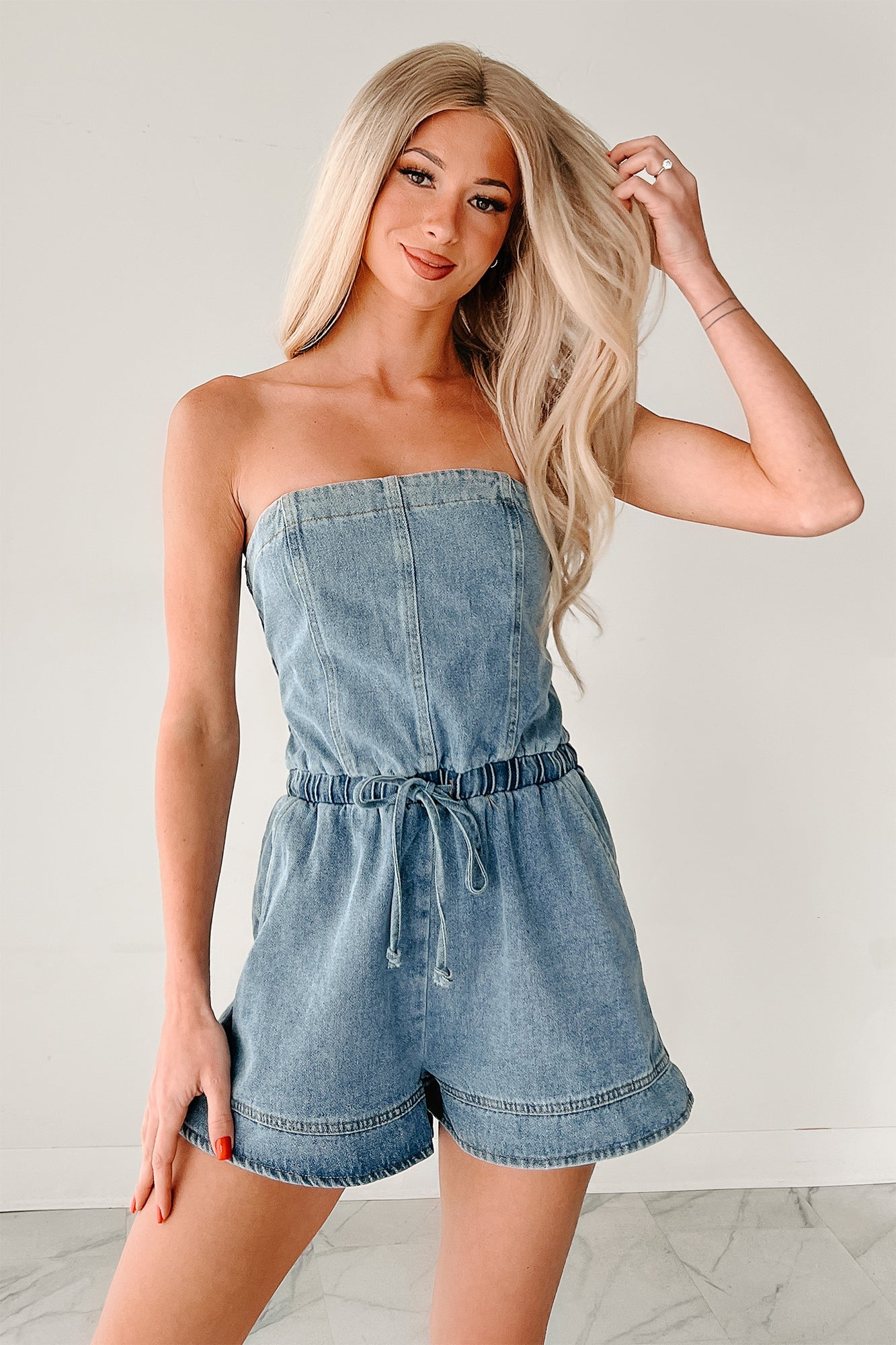 High Noon Honey Strapless Denim Romper (Light Denim)