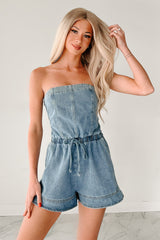 High Noon Honey Strapless Denim Romper (Light Denim)
