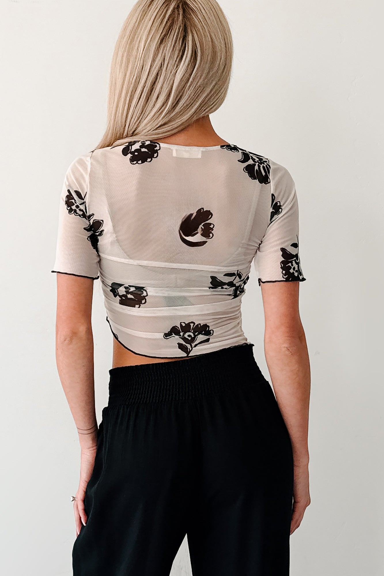 Sweet Talk Season Ruched Floral Mesh Top (Cream)