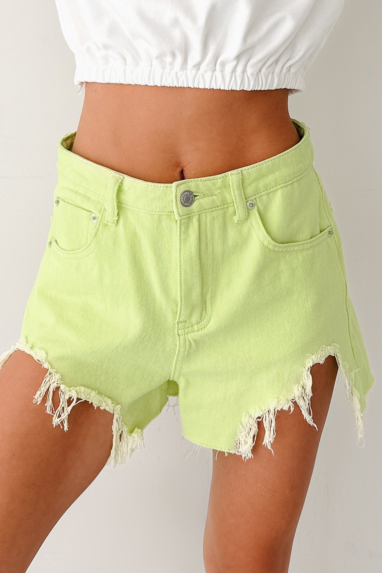 Jeanette High Rise Distressed Denim Shorts (Lime)