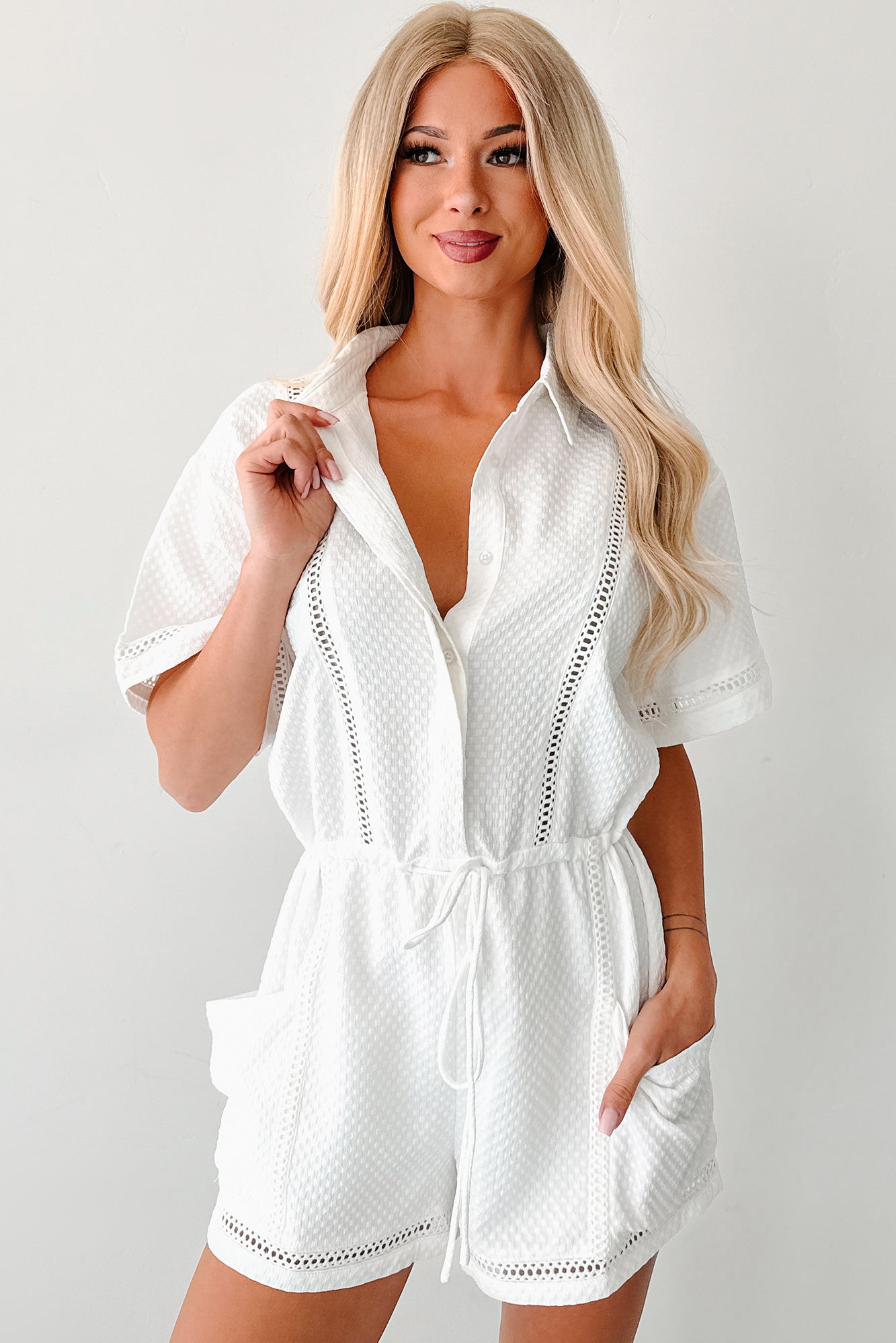 No Surprises Drawstring Waist Romper (White)