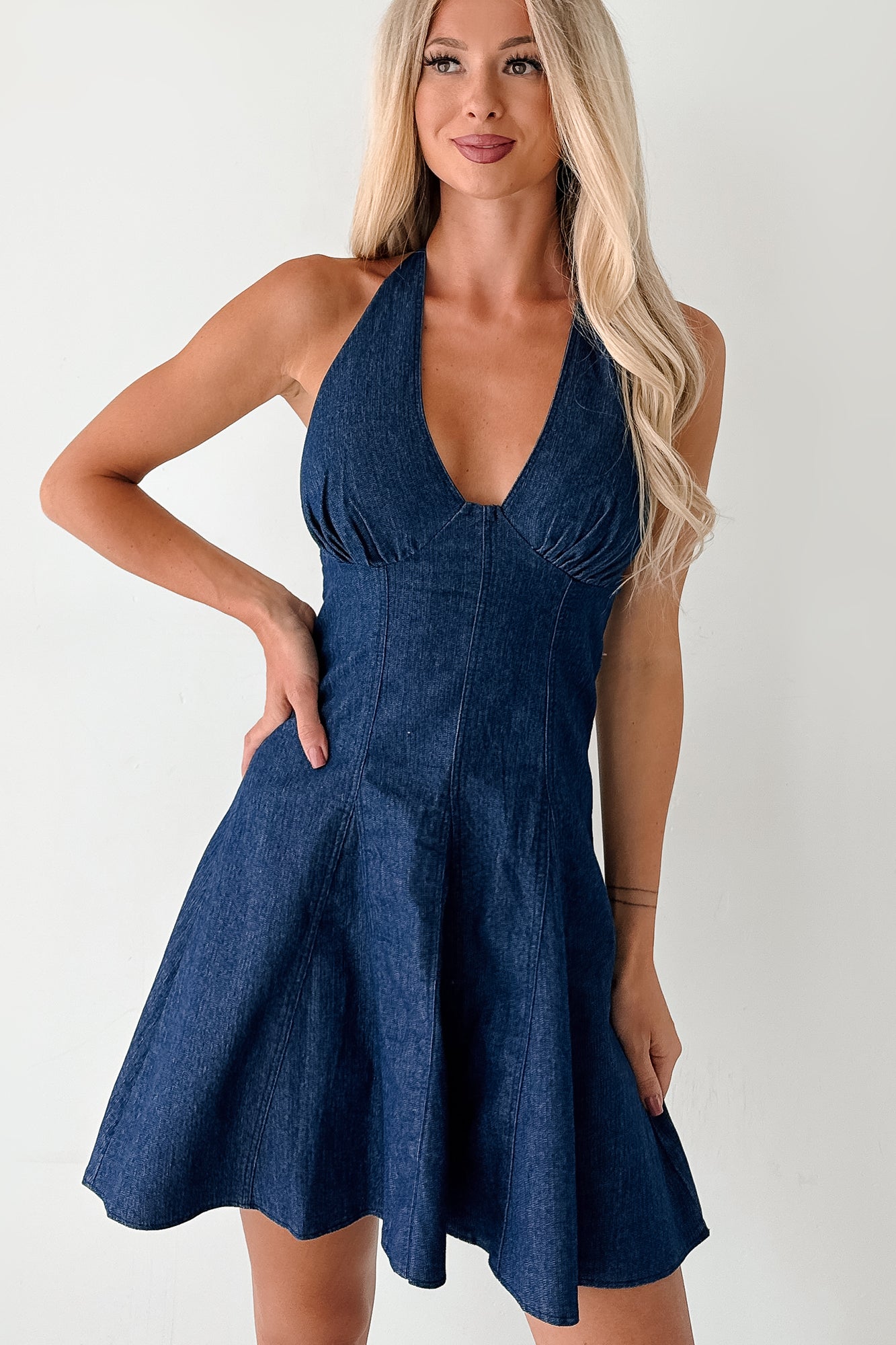 Already Iconic Halter Denim Mini Dress (Dark Blue)