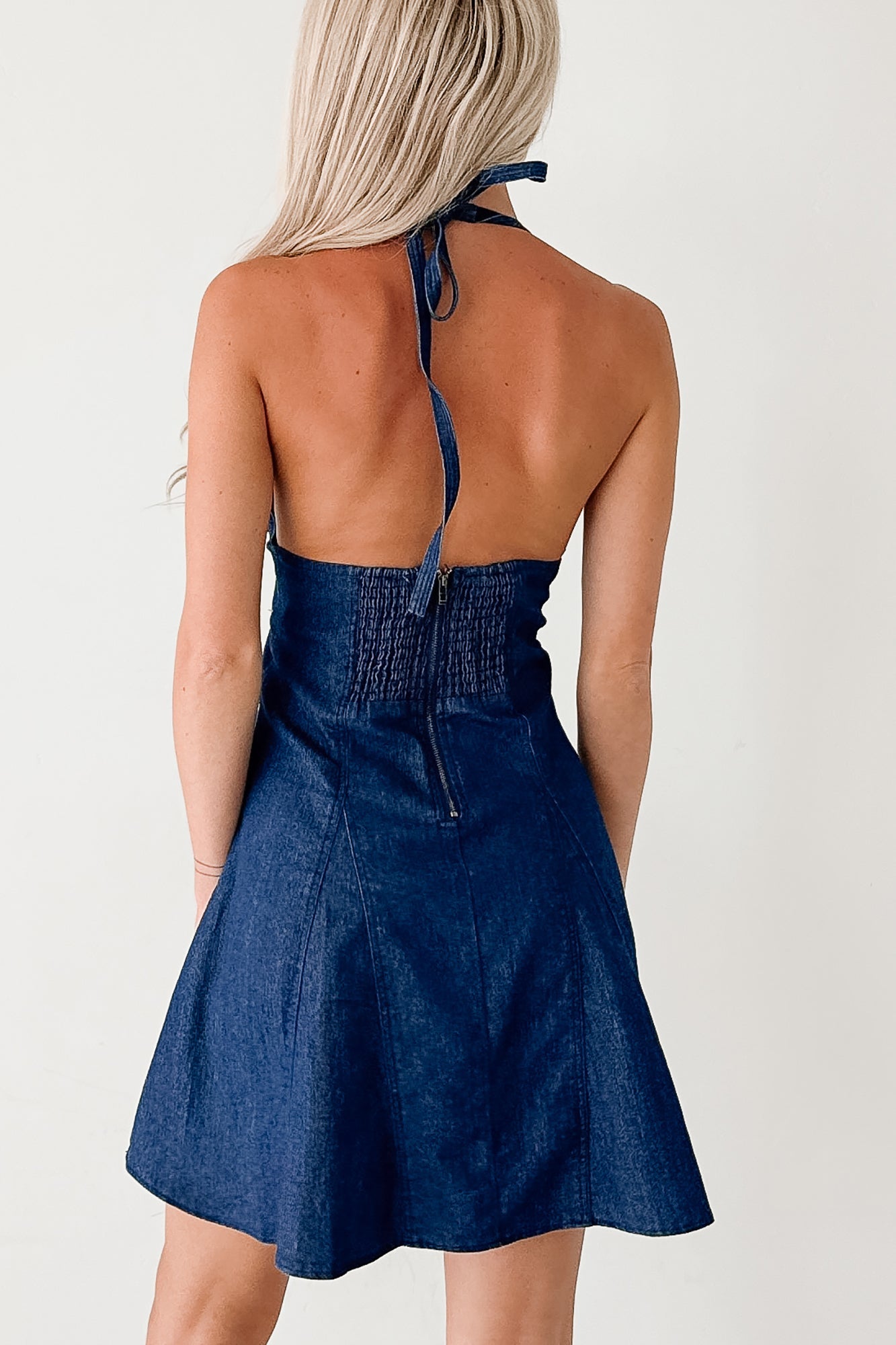 Already Iconic Halter Denim Mini Dress (Dark Blue)