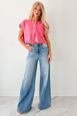 Undemanding Comfort Distressed Button-Up Sweater Vest (Pink)