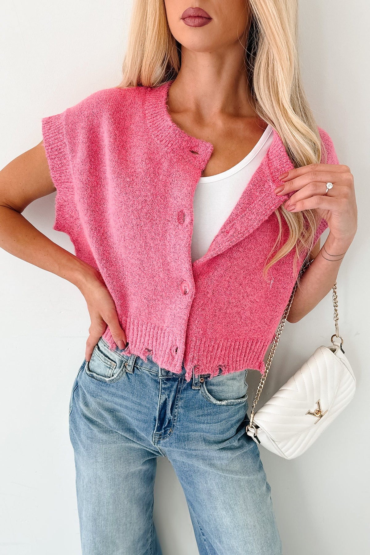 Undemanding Comfort Distressed Button-Up Sweater Vest (Pink)